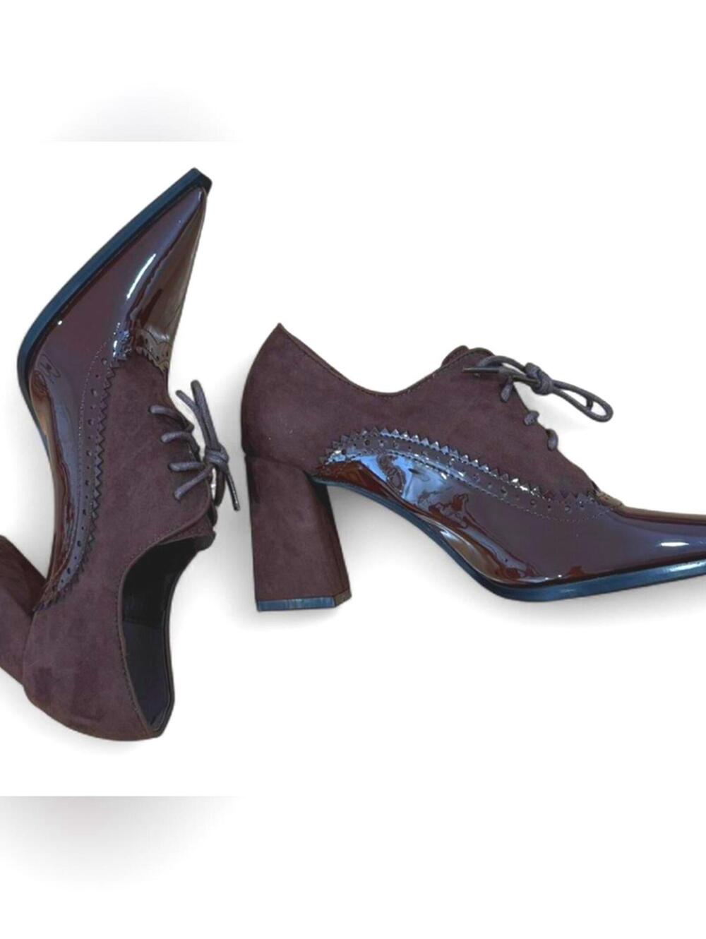 NIB EURO |SZ 40 US 8| Vintage Brown Leather Chunky Oxford Pointed Toe Heel Shoes - Picture 6 of 6